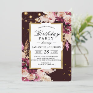 Burgundy Blush Pink Floral & Gold Frame & Lights Invitation