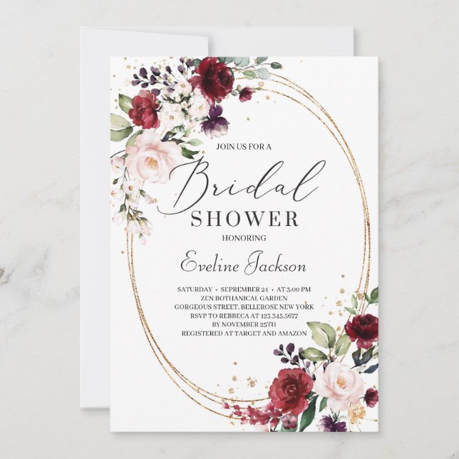 Burgundy blush pink floral gold greenery bridal invitation (Front)