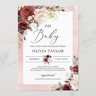Burgundy blush pink floral gold oh baby shower invitation