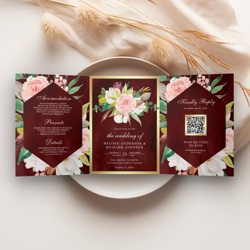Burgundy Blush Pink Floral Gold QR Code Wedding Tri_Fold Invitation