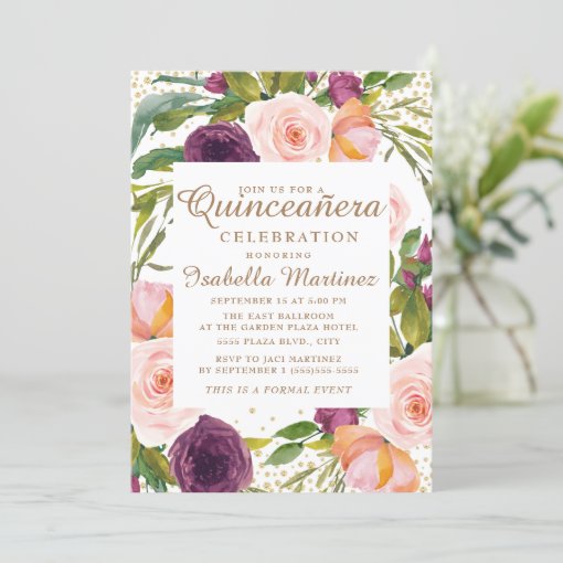 Burgundy Blush Pink Floral Gold Quinceañera Invitation | Zazzle