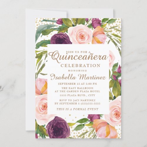 Burgundy Blush Pink Floral Gold Quinceaera Invitation