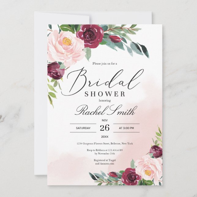 Burgundy blush pink floral greenery bridal shower invitation (Front)