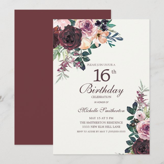 Burgundy Blush Pink Floral Leaves 16th Birthday Invitation (Front/Back)