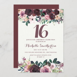 Burgundy Blush Pink Floral Leaves 16th Birthday Invitation