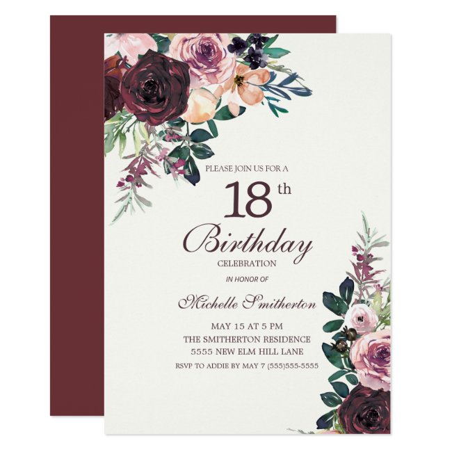 Burgundy Blush Pink Floral Leaves 18th Birthday Invitation