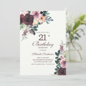 Burgundy Blush Pink Floral Leaves 21st Birthday Invitation (Standing Front)
