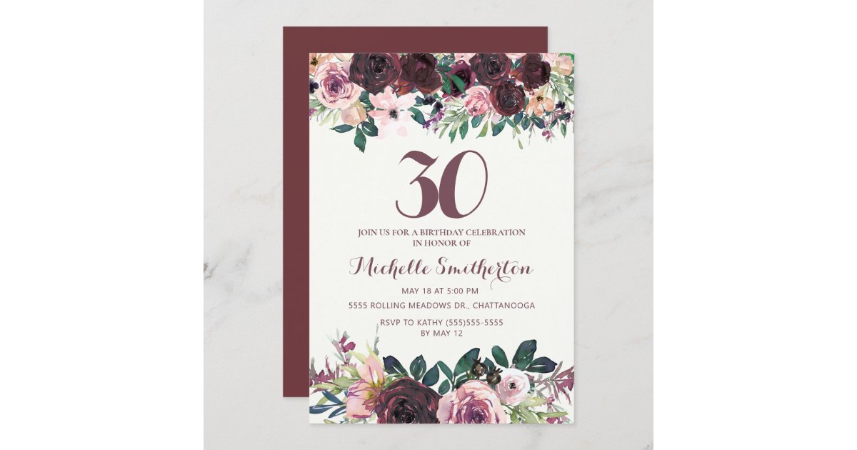 Burgundy Blush Pink Floral Leaves 30th Birthday Invitation | Zazzle