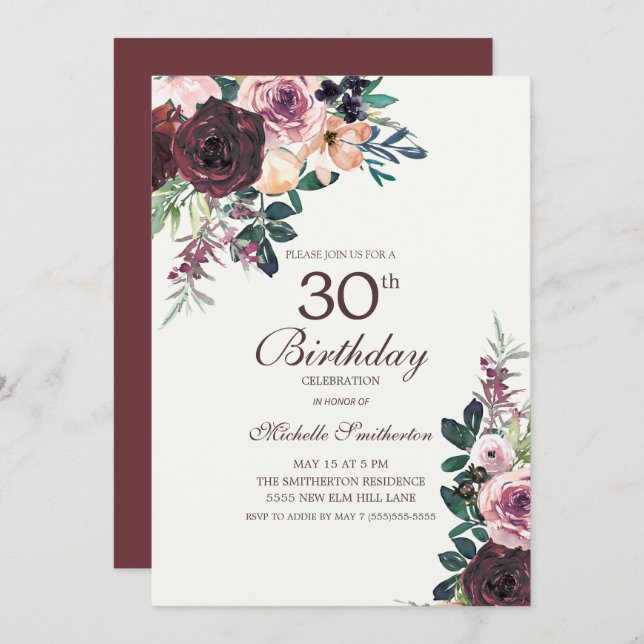 Burgundy Blush Pink Floral Leaves 30th Birthday Invitation (Front/Back)