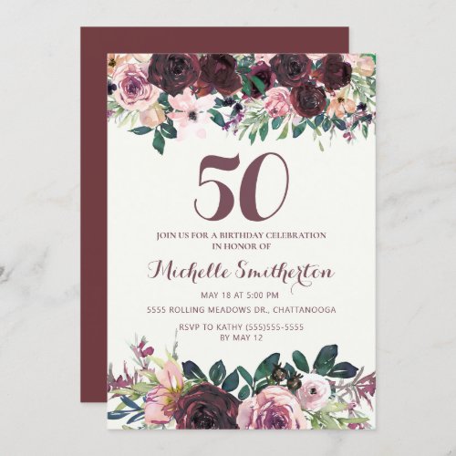 Burgundy Blush Pink Floral Leaves 50th Birthday Invitation