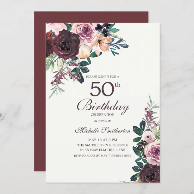 Burgundy Blush Pink Floral Leaves 50th Birthday Invitation | Zazzle