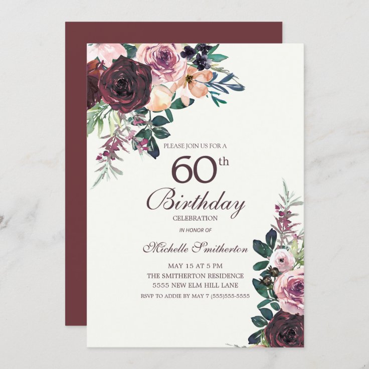 Burgundy Blush Pink Floral Leaves 60th Birthday Invitation | Zazzle