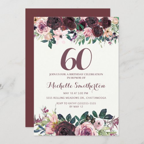 Burgundy Blush Pink Floral Leaves 60th Birthday Invitation