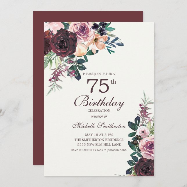 Burgundy Blush Pink Floral Leaves 75th Birthday Invitation (Front/Back)