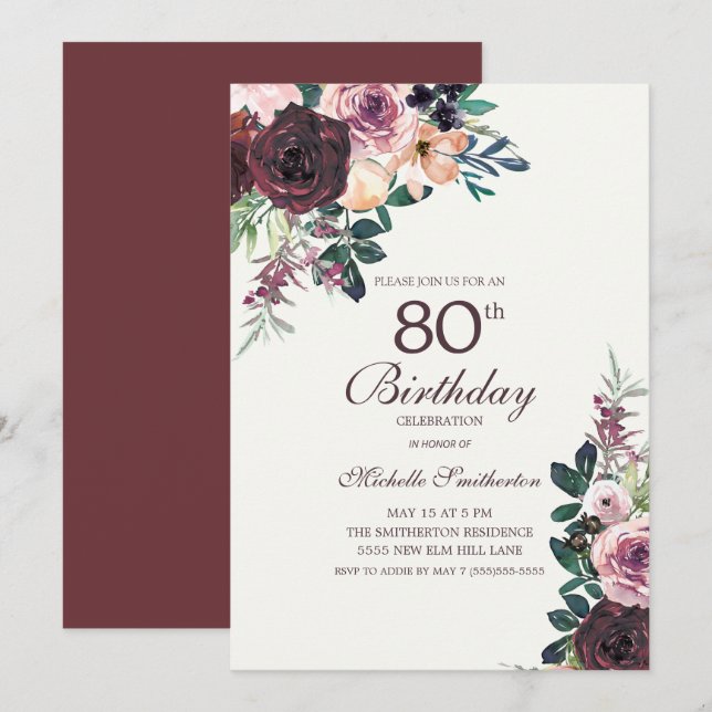 Burgundy Blush Pink Floral Leaves 80th Birthday Invitation (Front/Back)