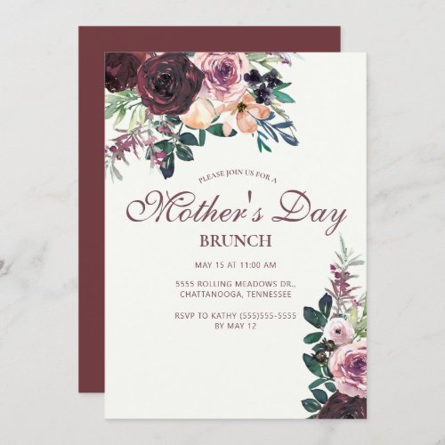 Burgundy Blush Pink Floral Leaves Mothers Day Invitation