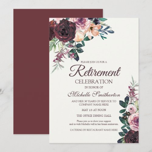 Burgundy Blush Pink Floral Leaves Retirement