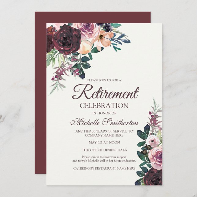 Burgundy Blush Pink Floral Leaves Retirement Invitation (Front/Back)
