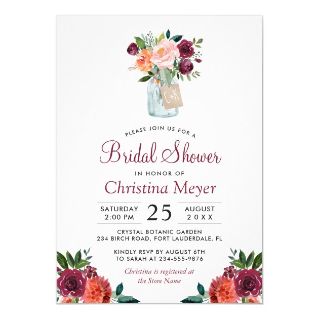 Burgundy Blush Pink Floral Mason Jar Bridal Shower Invitation