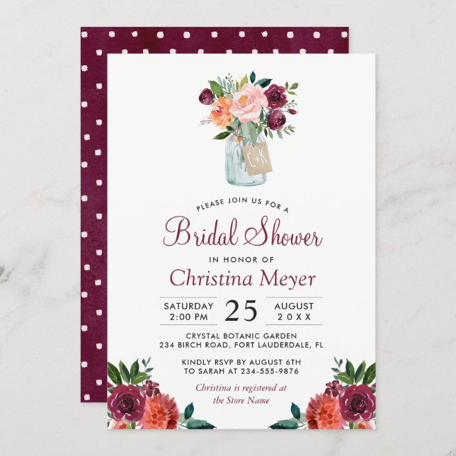 Burgundy Blush Pink Floral Mason Jar Bridal Shower Invitation (Front/Back)