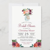 Burgundy Blush Pink Floral Mason Jar Bridal Shower Invitation (Front)