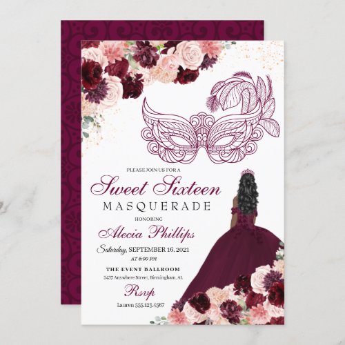Burgundy Blush Pink Floral Masquerade Sweet 16 Inv Invitation