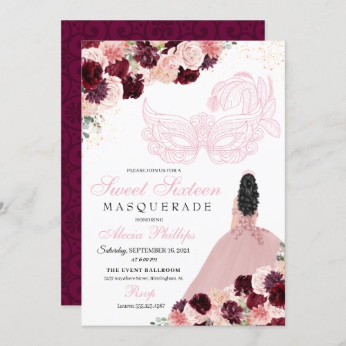 Burgundy Blush Pink Floral Masquerade Sweet 16 Inv Invitation