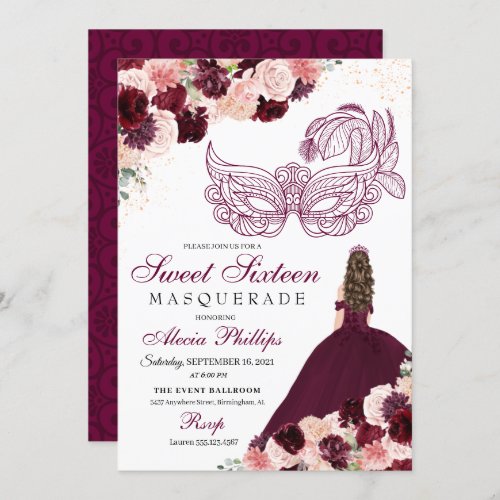 Burgundy Blush Pink Floral Masquerade Sweet 16 Inv Invitation