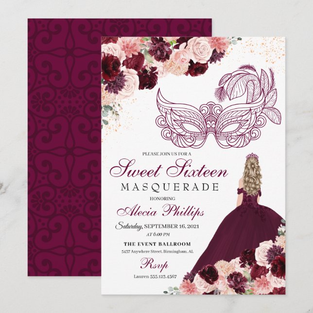 Burgundy Blush Pink Floral Masquerade Sweet 16 Inv Invitation (Front/Back)