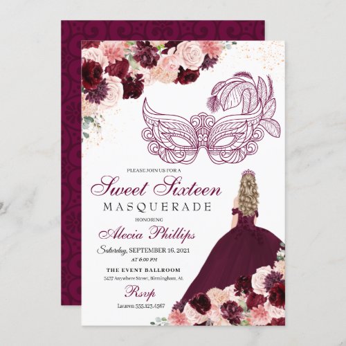 Burgundy Blush Pink Floral Masquerade Sweet 16 Inv Invitation