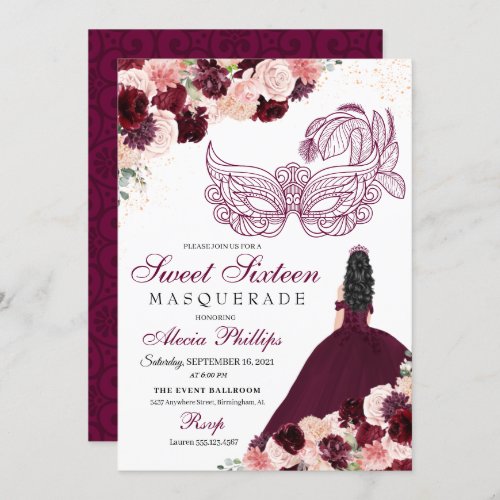 Burgundy Blush Pink Floral Masquerade Sweet 16 Invitation