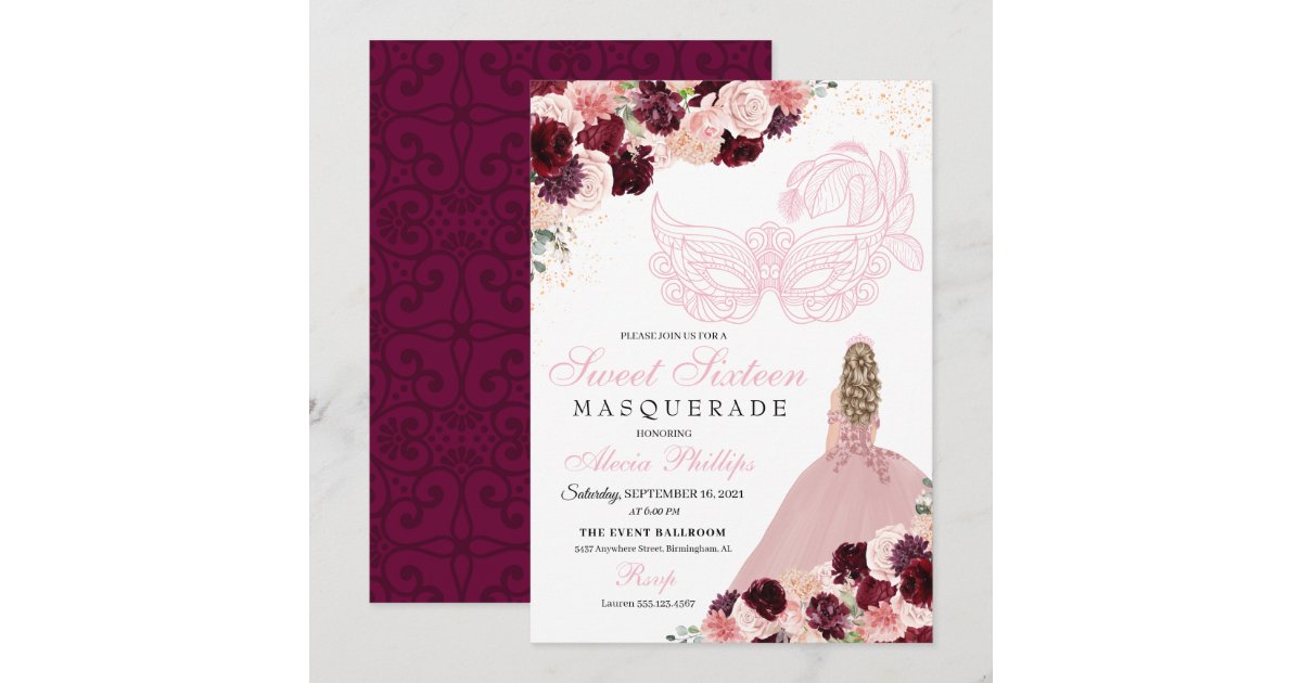 Asn Rda Invitation Burgundy Blush Pink Floral Masquerade Sweet 16 Invitation | Zazzle