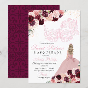 Burgundy Blush Pink Floral Masquerade Sweet 16 Invitation