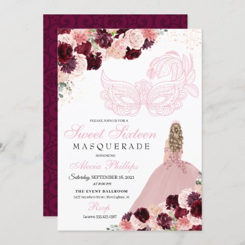 Burgundy Blush Pink Floral Masquerade Sweet 16 Invitation