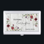 Burgundy Blush Pink Floral Modern Business Card Case<br><div class="desc">Burgundy blush and pink flowers with simple typography.  A little flare is added with the fancy script on the front. Rustic faux whitewashed wood background.</div>