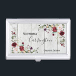 Burgundy Blush Pink Floral Modern Business Card Case<br><div class="desc">Burgundy blush and pink flowers with simple typography.  A little flare is added with the fancy script on the front. Rustic faux whitewashed wood background.</div>