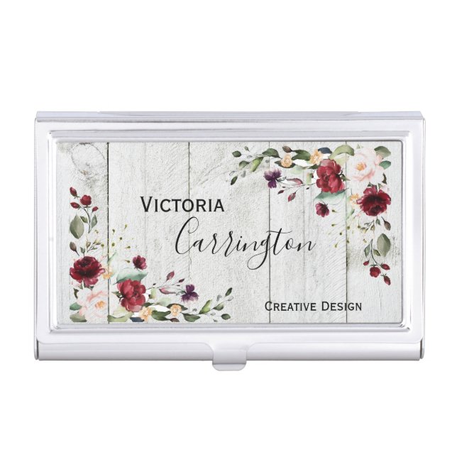 Burgundy Blush Pink Floral Modern Business Card Case (Front)