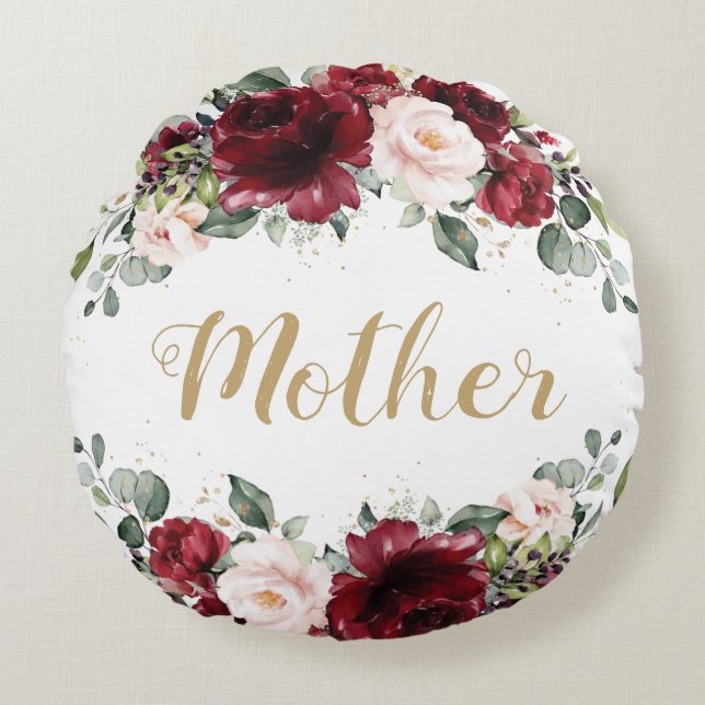 Burgundy Blush Pink Floral Mother Mom Mother's Day Round Pillow (Front)