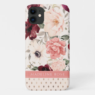 Burgundy Blush Pink Floral Name iPhone 11 Case