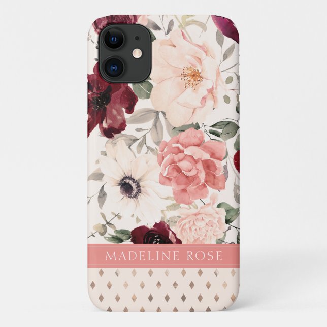 Burgundy Blush Pink Floral Name Case-Mate iPhone Case (Back)