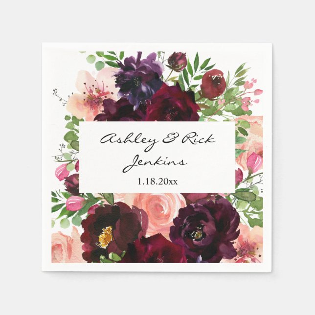Burgundy & Blush Pink Floral Napkins (Front)