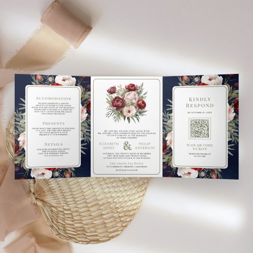 Burgundy Blush Pink Floral Navy All in One Wedding Tri_Fold Invitation