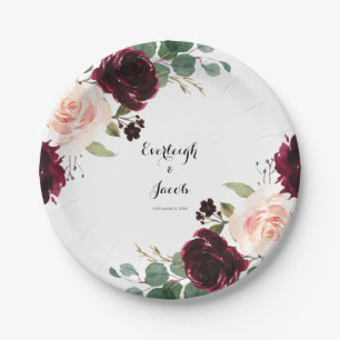 Burgundy Blush Pink Floral Paper Plates