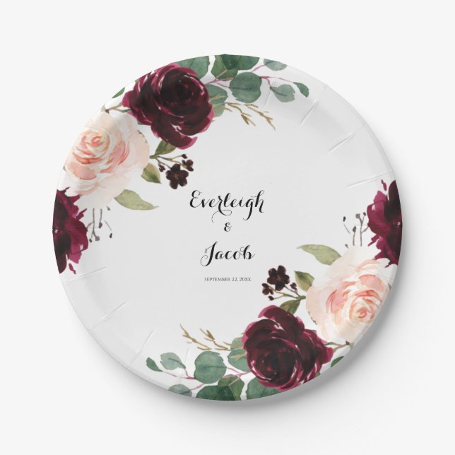 Burgundy Blush Pink Floral Paper Plates (Front)