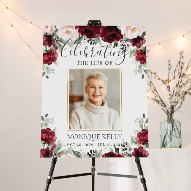 Burgundy Blush Pink Floral Photo Funeral Memorial  Foam Board (In Situ (Stand))