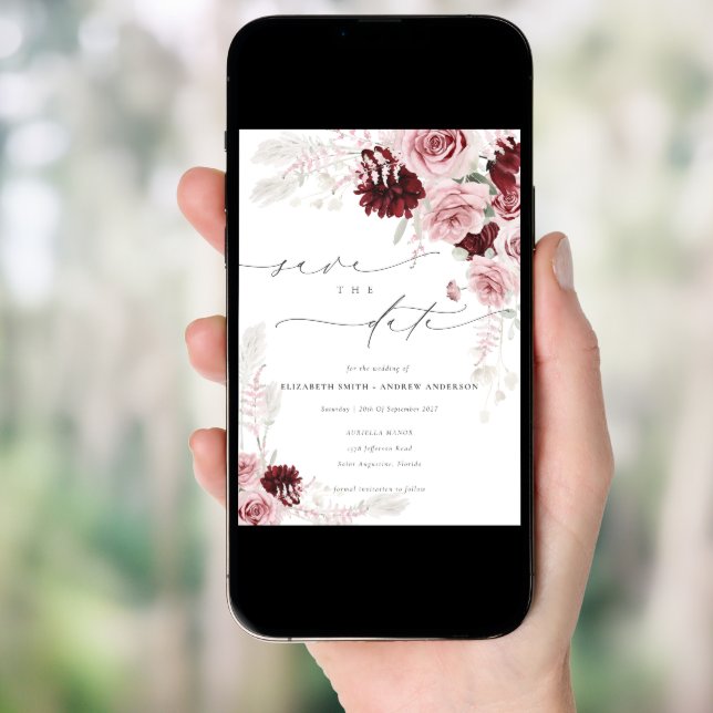 Burgundy Blush Pink Floral Photo Save the Date Invitation (Front Digital)