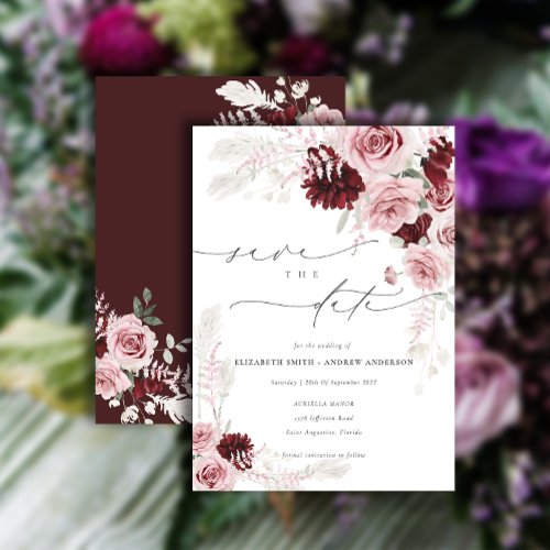 Burgundy Blush Pink Floral Photo Save the Date Invitation