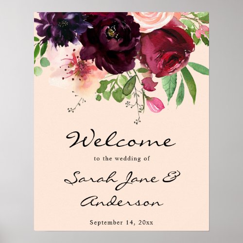 Burgundy  Blush Pink Floral Pink Welcome Poster