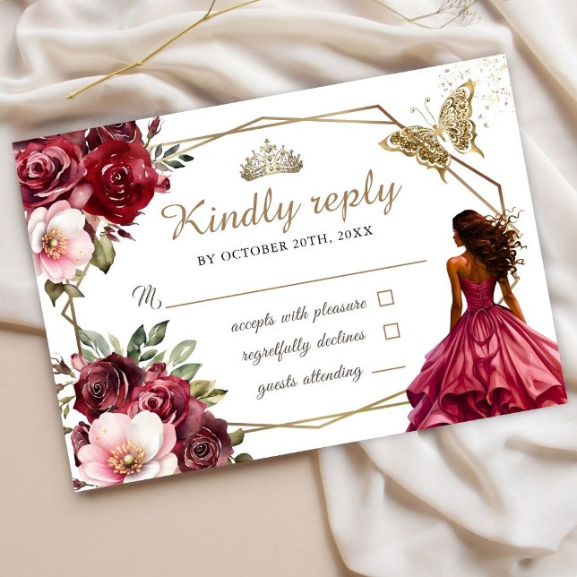 Burgundy Blush Pink Floral Princess Sweet 16 Rsvp (Creator Uploaded)