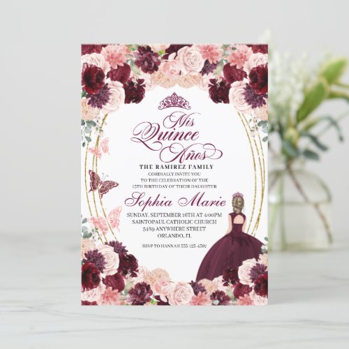 Burgundy Blush Pink Floral Quinceanera Birthday In Invitation